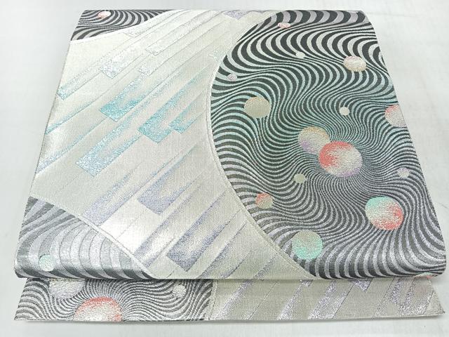 平和屋着物◎六通柄袋帯　長岡秀星　幾何学文　銀糸　正絹　逸品　CABL1901nb
