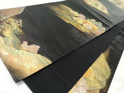 平和屋着物◎六通柄袋帯　地紙風景文　黒地　金銀彩　正絹　逸品　CABL1903nb