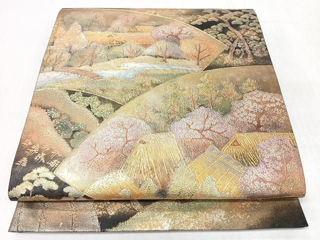 平和屋着物◎六通柄袋帯　地紙風景文　黒地　金銀彩　正絹　逸品　CABL1903nb