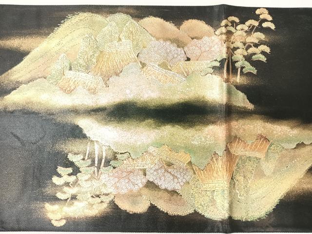 平和屋着物◎六通柄袋帯　地紙風景文　黒地　金銀彩　正絹　逸品　CABL1903nb