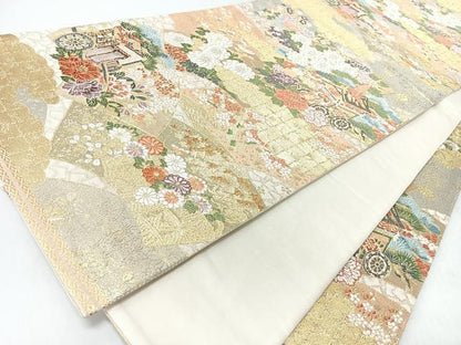 平和屋着物◎六通柄袋帯　唐織　僻み御所車花文　鉾　金糸　正絹　逸品　CABL1911nb