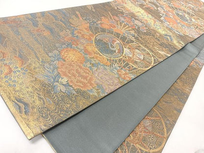 平和屋着物◎六通柄袋帯　流水扇面花鳥文　金糸　正絹　逸品　CABL1912nb