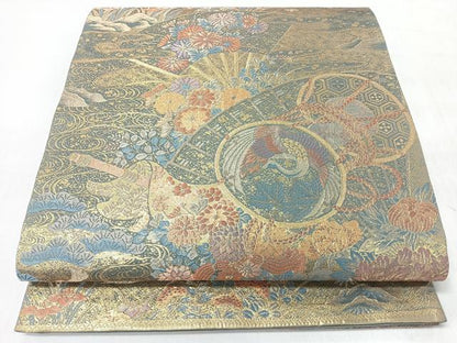 平和屋着物◎六通柄袋帯　流水扇面花鳥文　金糸　正絹　逸品　CABL1912nb