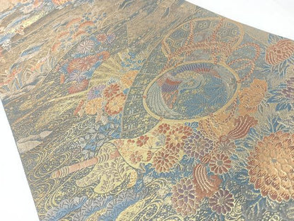 平和屋着物◎六通柄袋帯　流水扇面花鳥文　金糸　正絹　逸品　CABL1912nb