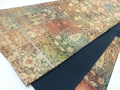 平和屋着物◎六通柄袋帯　向かい動物花唐草文　金糸　正絹　逸品　CABL1914nb
