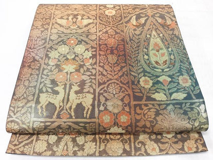 平和屋着物◎六通柄袋帯　向かい動物花唐草文　金糸　正絹　逸品　CABL1914nb
