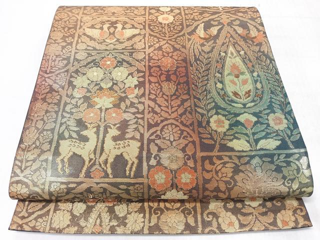 平和屋着物◎六通柄袋帯　向かい動物花唐草文　金糸　正絹　逸品　CABL1914nb