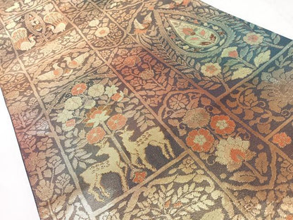 平和屋着物◎六通柄袋帯　向かい動物花唐草文　金糸　正絹　逸品　CABL1914nb