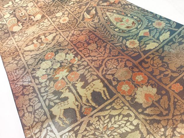 平和屋着物◎六通柄袋帯　向かい動物花唐草文　金糸　正絹　逸品　CABL1914nb