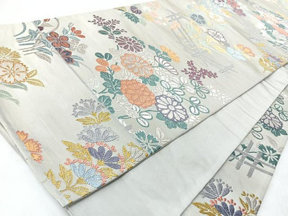 平和屋着物◎六通柄袋帯　唐織　竹垣草花文　銀糸　正絹　逸品　CABL1918nb