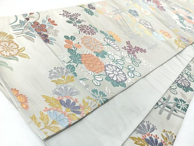平和屋着物◎六通柄袋帯　唐織　竹垣草花文　銀糸　正絹　逸品　CABL1918nb