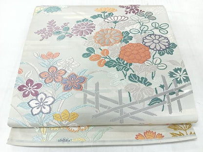 平和屋着物◎六通柄袋帯　唐織　竹垣草花文　銀糸　正絹　逸品　CABL1918nb