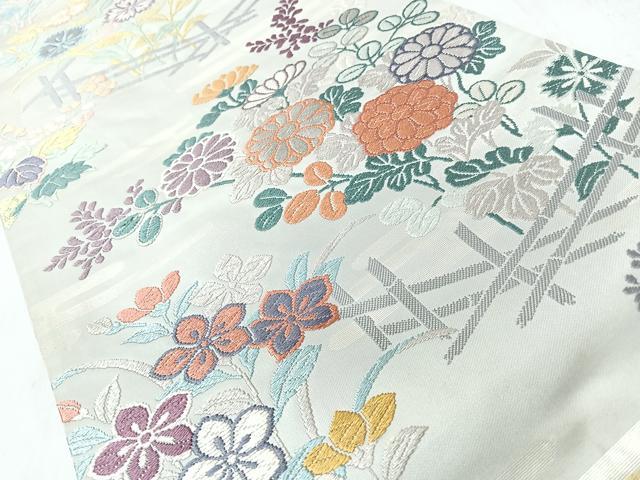 平和屋着物◎六通柄袋帯　唐織　竹垣草花文　銀糸　正絹　逸品　CABL1918nb
