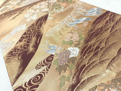 平和屋着物◎六通柄袋帯　唐織　群鶴草花文　金糸　正絹　逸品　CABL1920nb