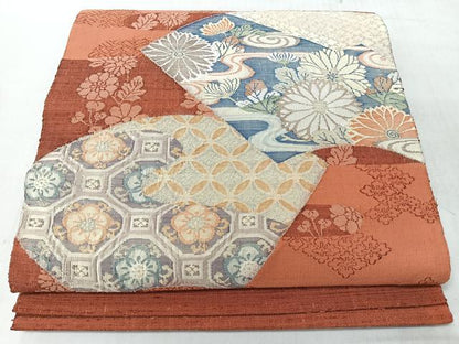 平和屋着物◎太鼓柄袋帯　紬地　地紙流水草花文　正絹　逸品　未使用　CABL1927nb