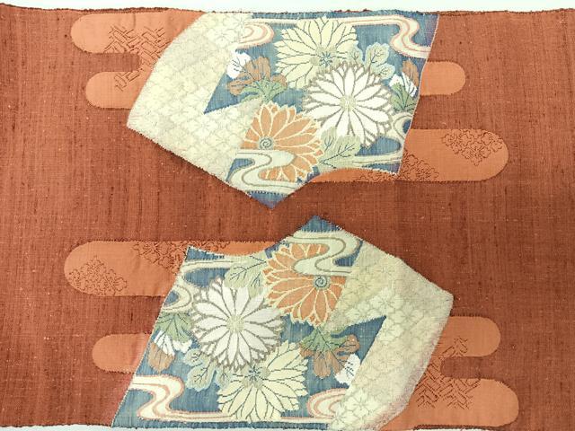 平和屋着物◎太鼓柄袋帯　紬地　地紙流水草花文　正絹　逸品　未使用　CABL1927nb
