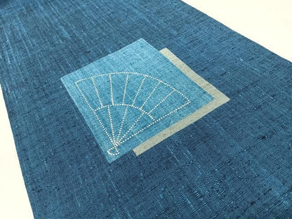 平和屋着物◎中国三大刺繍　相良刺繍　九寸名古屋帯　紬地　色紙重ね扇面文　正絹　逸品　CABL1933nb