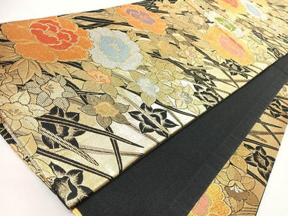 平和屋着物◎六通柄袋帯　草花文　黒地　金銀糸　正絹　逸品　CABL1934nb
