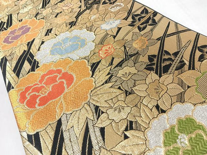 平和屋着物◎六通柄袋帯　草花文　黒地　金銀糸　正絹　逸品　CABL1934nb