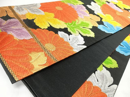 平和屋着物◎六通柄袋帯　唐織　菊花招宴文　黒地　金銀糸　正絹　逸品　CABL1944nb