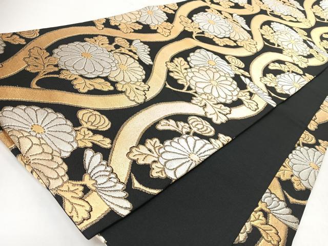 平和屋着物◎全通柄袋帯　立涌菊文　黒地　金銀糸　正絹　逸品　CABL1946nb