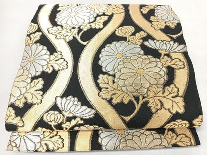 平和屋着物◎全通柄袋帯　立涌菊文　黒地　金銀糸　正絹　逸品　CABL1946nb