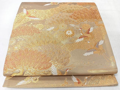 平和屋着物◎六通柄袋帯　飛鶴草花文　松　金糸　正絹　逸品　CABL1965nb