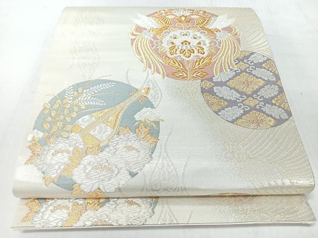 平和屋着物◎六通柄袋帯　立波向かい鳥花唐草文　金銀糸　正絹　逸品　未使用　CABL1969nb