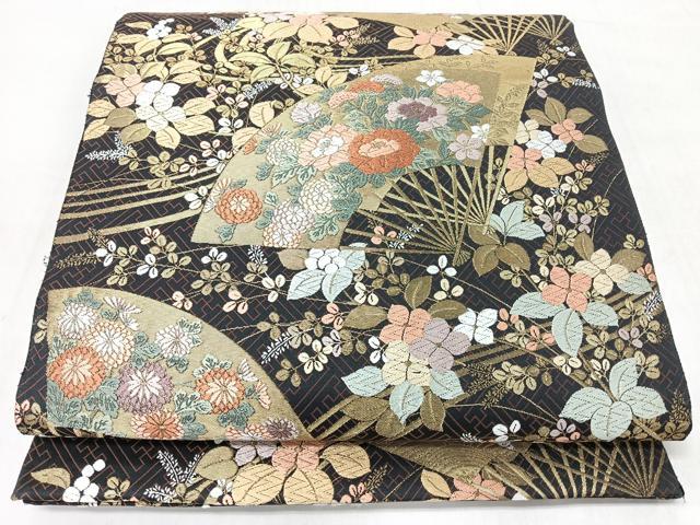 平和屋着物◎六通柄袋帯　唐織　扇面草花文　金糸　正絹　逸品　CABL1974nb
