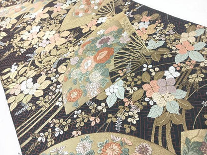 平和屋着物◎六通柄袋帯　唐織　扇面草花文　金糸　正絹　逸品　CABL1974nb