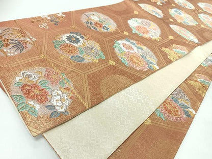 平和屋着物◎佐賀錦　六通柄袋帯　唐織　亀甲花唐草文　金糸　正絹　逸品　CABL1977nb