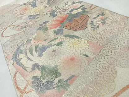 平和屋着物◎爪掻き本綴れ　太鼓柄袋帯　色紙重ね草花文　金銀彩　正絹　逸品　CABL1983nb