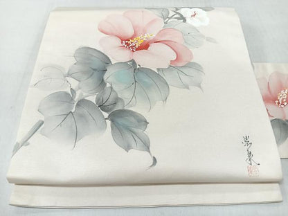 平和屋着物◎九寸名古屋帯　作家物　手描き　草花文　正絹　逸品　CABL1985nb
