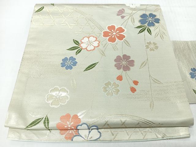 平和屋着物◎九寸名古屋帯　籬草花文　金糸　正絹　逸品　CABL1991nb