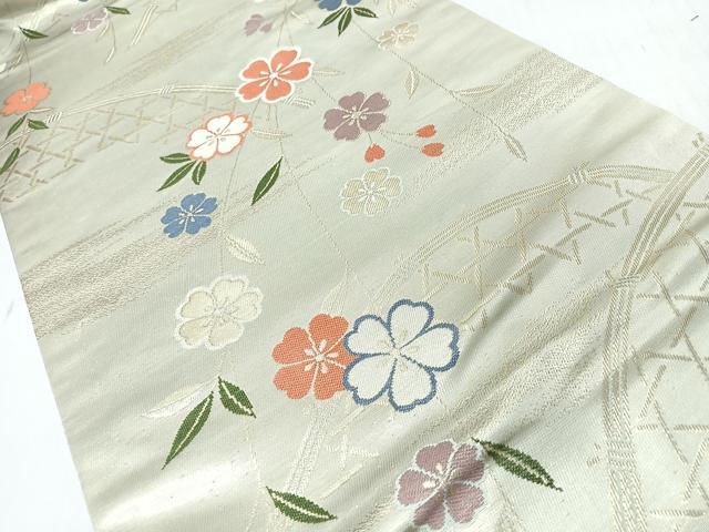 平和屋着物◎九寸名古屋帯　籬草花文　金糸　正絹　逸品　CABL1991nb