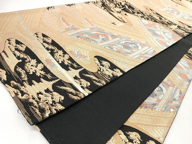 平和屋着物◎六通柄袋帯　唐織　風景文　鶴　黒地　金銀糸　正絹　逸品　CABL1992nb