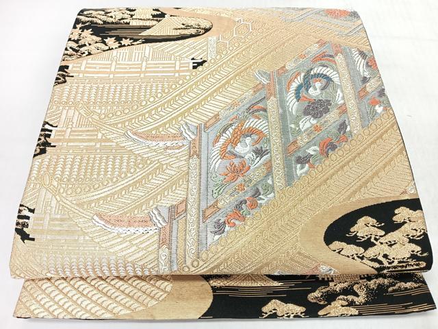 平和屋着物◎六通柄袋帯　唐織　風景文　鶴　黒地　金銀糸　正絹　逸品　CABL1992nb