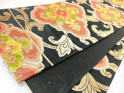 平和屋着物◎六通柄袋帯　唐織　更紗花唐草文　黒地　金糸　正絹　逸品　CABL1995nb