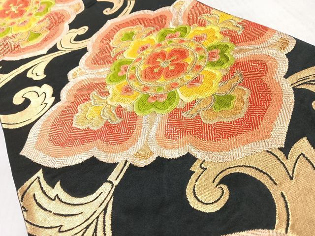 平和屋着物◎六通柄袋帯　唐織　更紗花唐草文　黒地　金糸　正絹　逸品　CABL1995nb