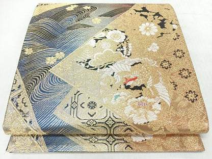 平和屋着物◎六通柄袋帯　流水色紙花鳥文　金銀糸　正絹　逸品　CABL1996nb