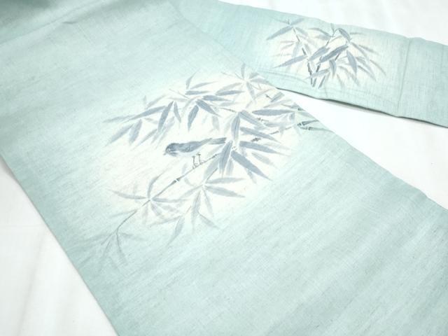 平和屋着物＊夏物　九寸名古屋帯　手描き　笹竹鳥文　麻　逸品　CABL2016fb