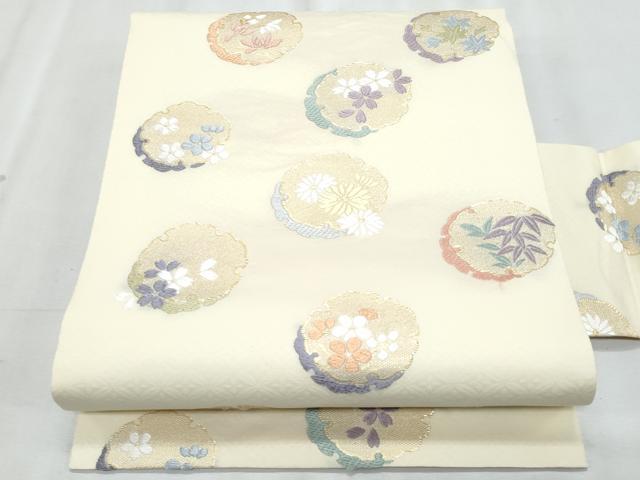 平和屋着物＊夏物　九寸名古屋帯　唐織　雪輪重ね枝花文　金糸　正絹　逸品　CABL2019fb