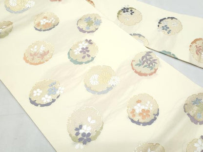 平和屋着物＊夏物　九寸名古屋帯　唐織　雪輪重ね枝花文　金糸　正絹　逸品　CABL2019fb