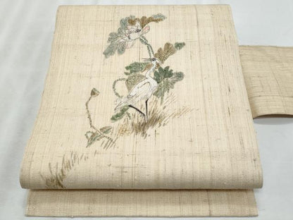 平和屋着物＊夏物　九寸名古屋帯　手描き　紬地　鶴更紗花文　金彩　正絹　逸品　CABL2032fb
