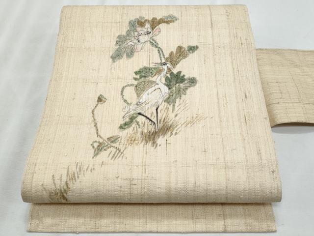 平和屋着物＊夏物　九寸名古屋帯　手描き　紬地　鶴更紗花文　金彩　正絹　逸品　CABL2032fb