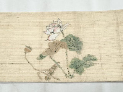 平和屋着物＊夏物　九寸名古屋帯　手描き　紬地　鶴更紗花文　金彩　正絹　逸品　CABL2032fb