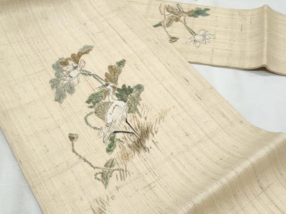 平和屋着物＊夏物　九寸名古屋帯　手描き　紬地　鶴更紗花文　金彩　正絹　逸品　CABL2032fb