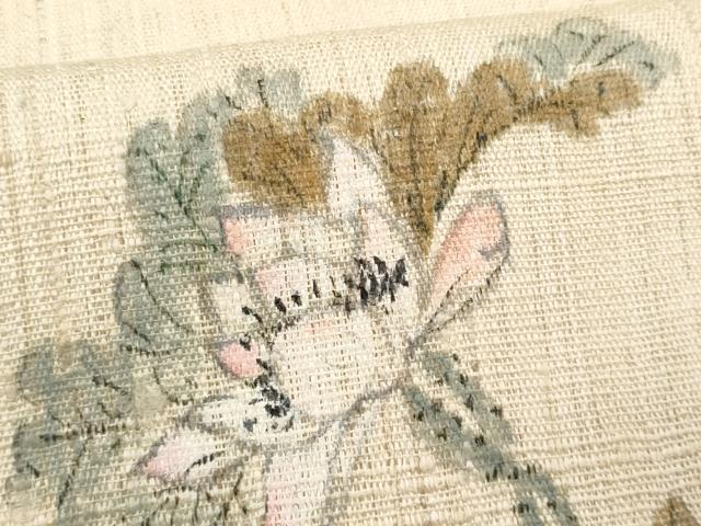平和屋着物＊夏物　九寸名古屋帯　手描き　紬地　鶴更紗花文　金彩　正絹　逸品　CABL2032fb