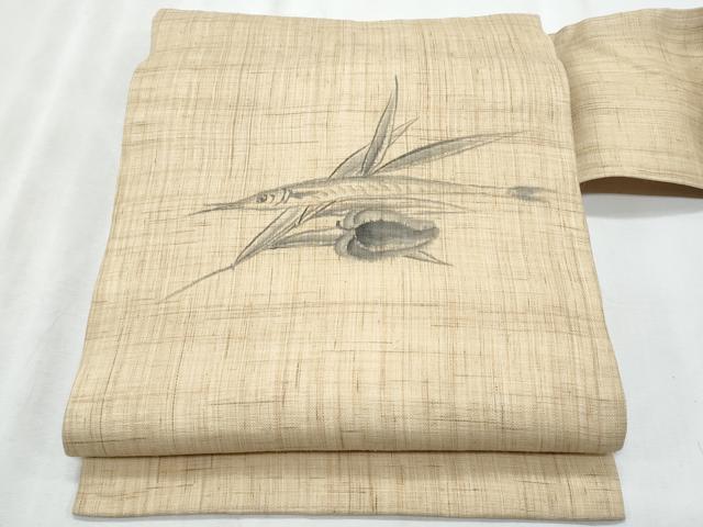 平和屋着物＊夏物　九寸名古屋帯　手描き　魚　成り物　麻　逸品　CABL2033fb