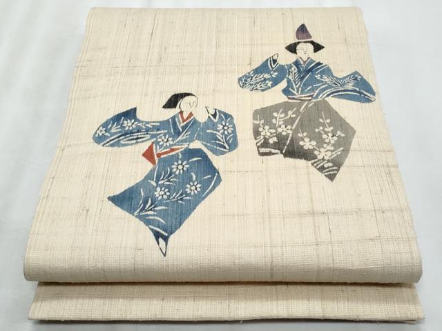 平和屋着物＊夏物　九寸開き名古屋帯　紬地　型染め　人物文　正絹　逸品　CABL2035fb